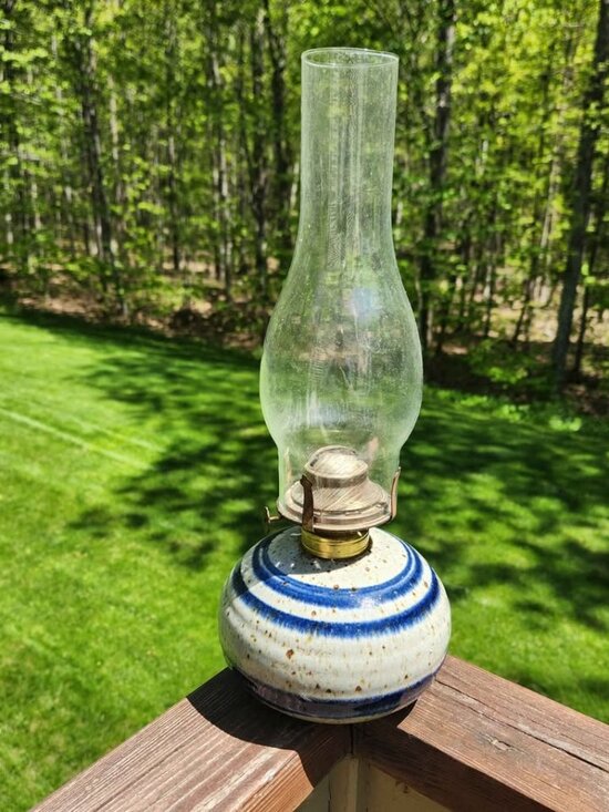 Andy Salmon Falls Other - Salmon Falls Stoneware early Andy Pottery signed blue band Oil Lamp NH vintage